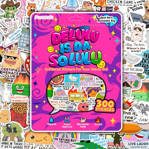 300PCS Funny Stickers for Adults - Delulu is Da Solulu Sticker Pack By Puraesla - Sarcastic Meme Decals for Best Friends Co-Workers Waterproof Vinyl for Laptop Water Bottle Journal Scrapbooking