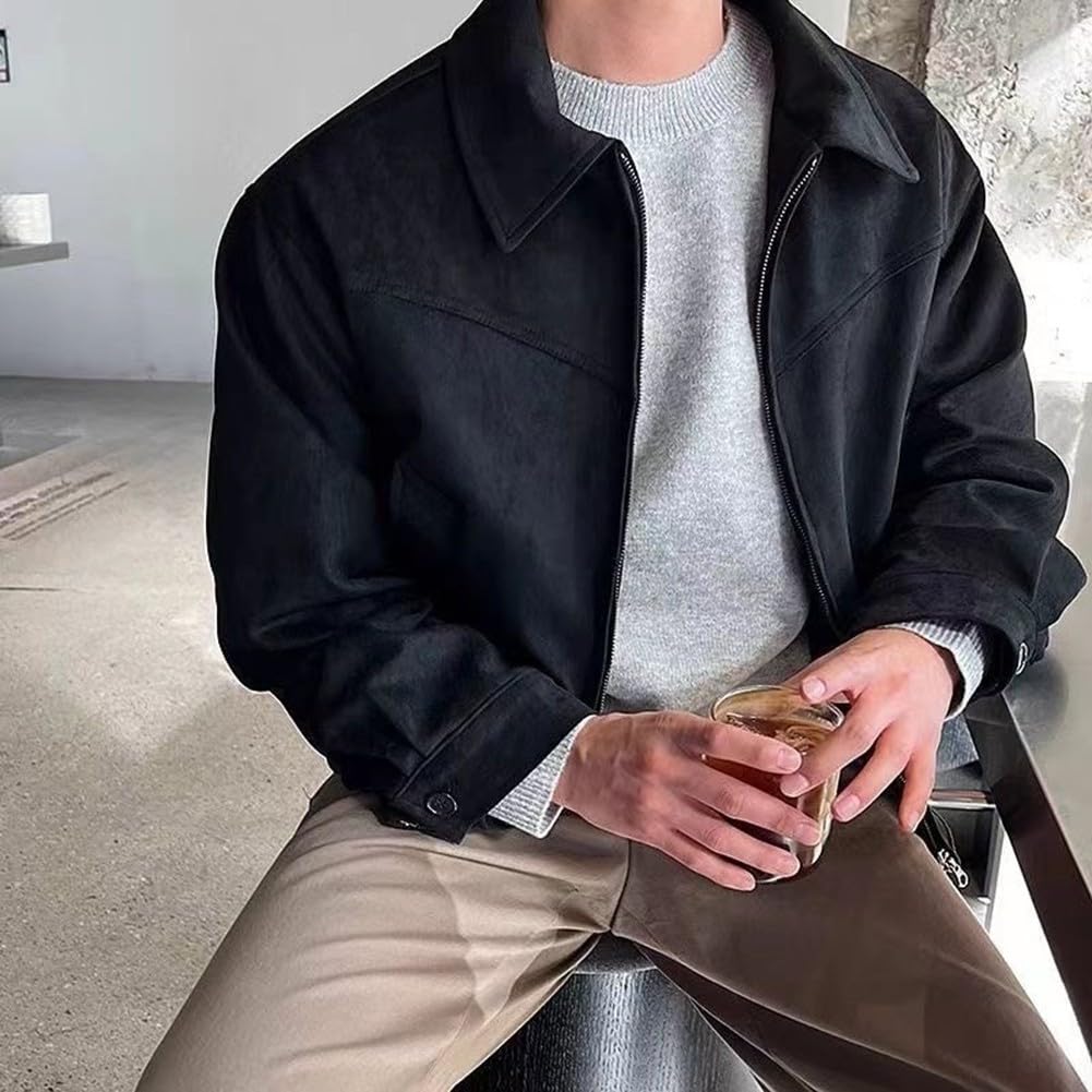 Giacca da uomo casual in pelle scamosciata con risvolto corto per primavera e autunno, vestibilità larga, design vintage Maillard, cappotto a maniche lunghe per tutti i giorni e viaggi