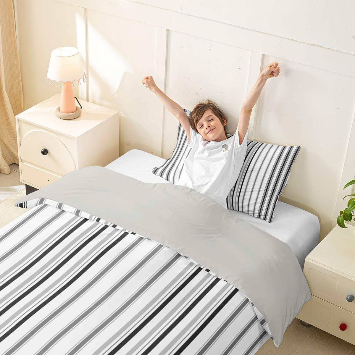 Erosebridal Geometric Stripe Comforter Cover Twin Size Gray White Black Lines Duvet Cover for Adults Teens Simple Striped Bed Set Trendy Geometric Bedding Set