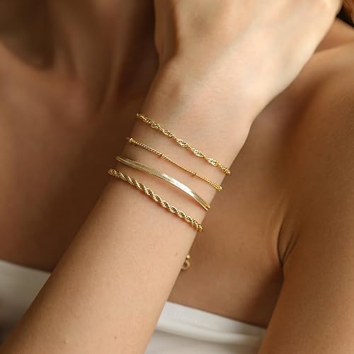 Miniatura 5 de Gold Bracelets for Women, 14K Gold Layered Bracelets Set Dainty Herringbone Chain Paperclip Link Bracelets Gold Cuban Bracelets for Women