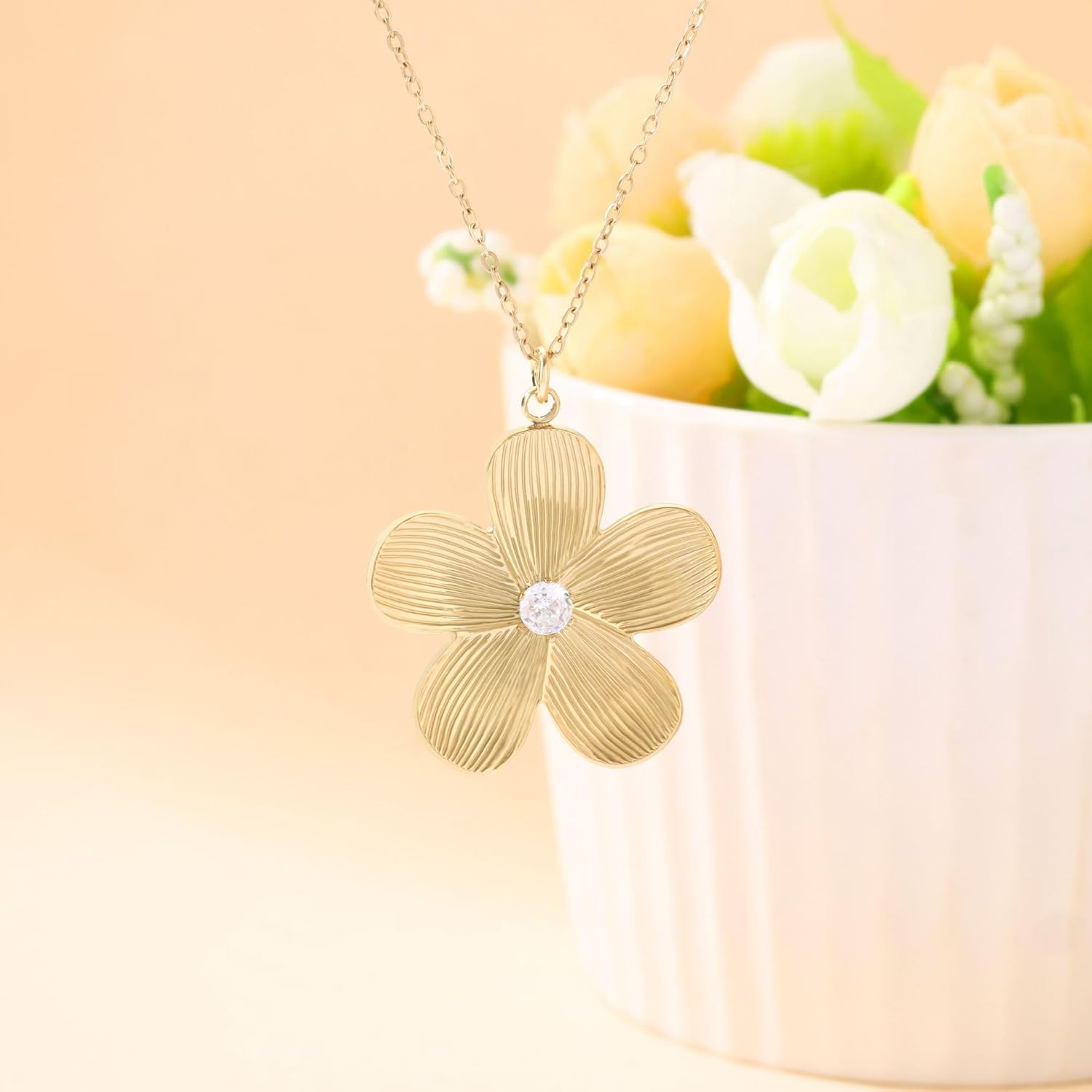 18K Gold Plated Flower Pendant Necklace – Statement Elegant Textured Petals with Cubic Zirconia Center - Image 2