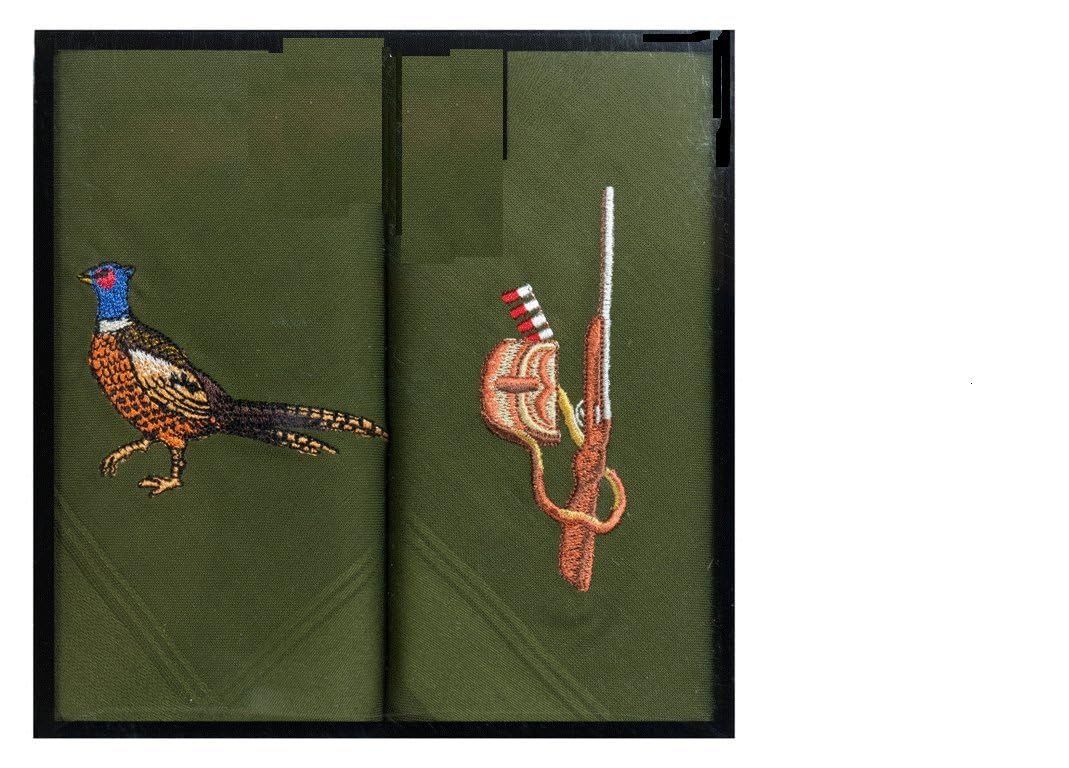 Two 40cm Square cotton embroidered green handkerchiefs with a pheasant on one and a shotgun and cartridge bag on the other