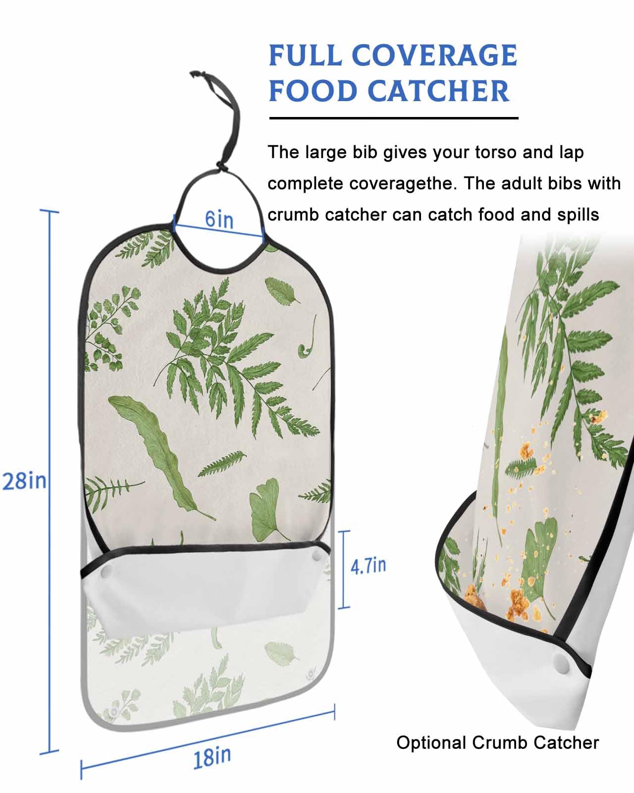 LEOKOTI Botanical Adult Bibs for Eating, Waterproof Bibs with Food Catcher & Adjustable Snap Closure, Farmhouse Spring Summer Leaves Washable Clothing Protectors Adult Bibs for Elderly Women/Men