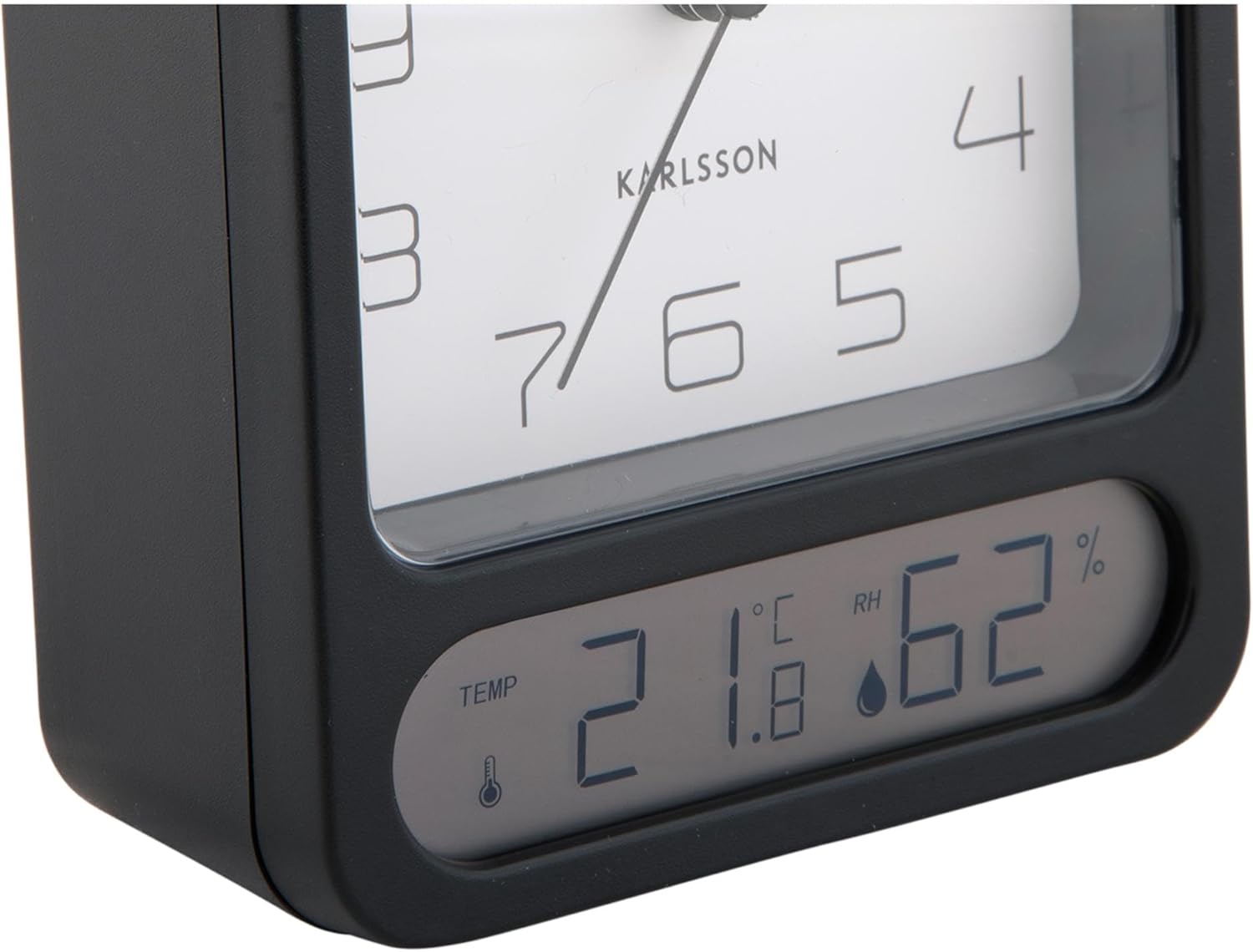 Close-up of the digital display on the Karlsson Alarm Clock Duo, showing temperature and humidity readings.