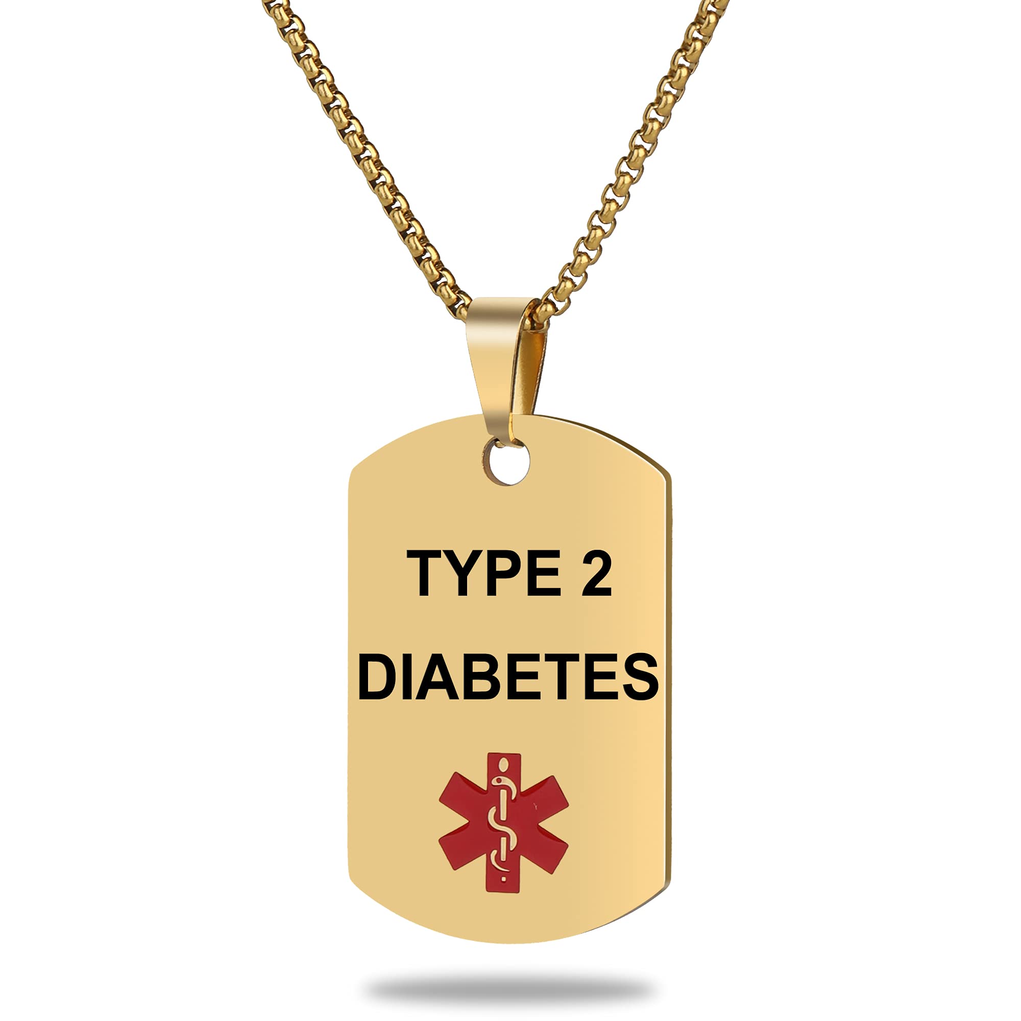 Medical Alert ID Necklace, Laser Engraved TYPE 2 DIABETES, Stainless Steel Tag Pendant with 23.6 inch Chain for Men Women Diabetic Emergency First Aid