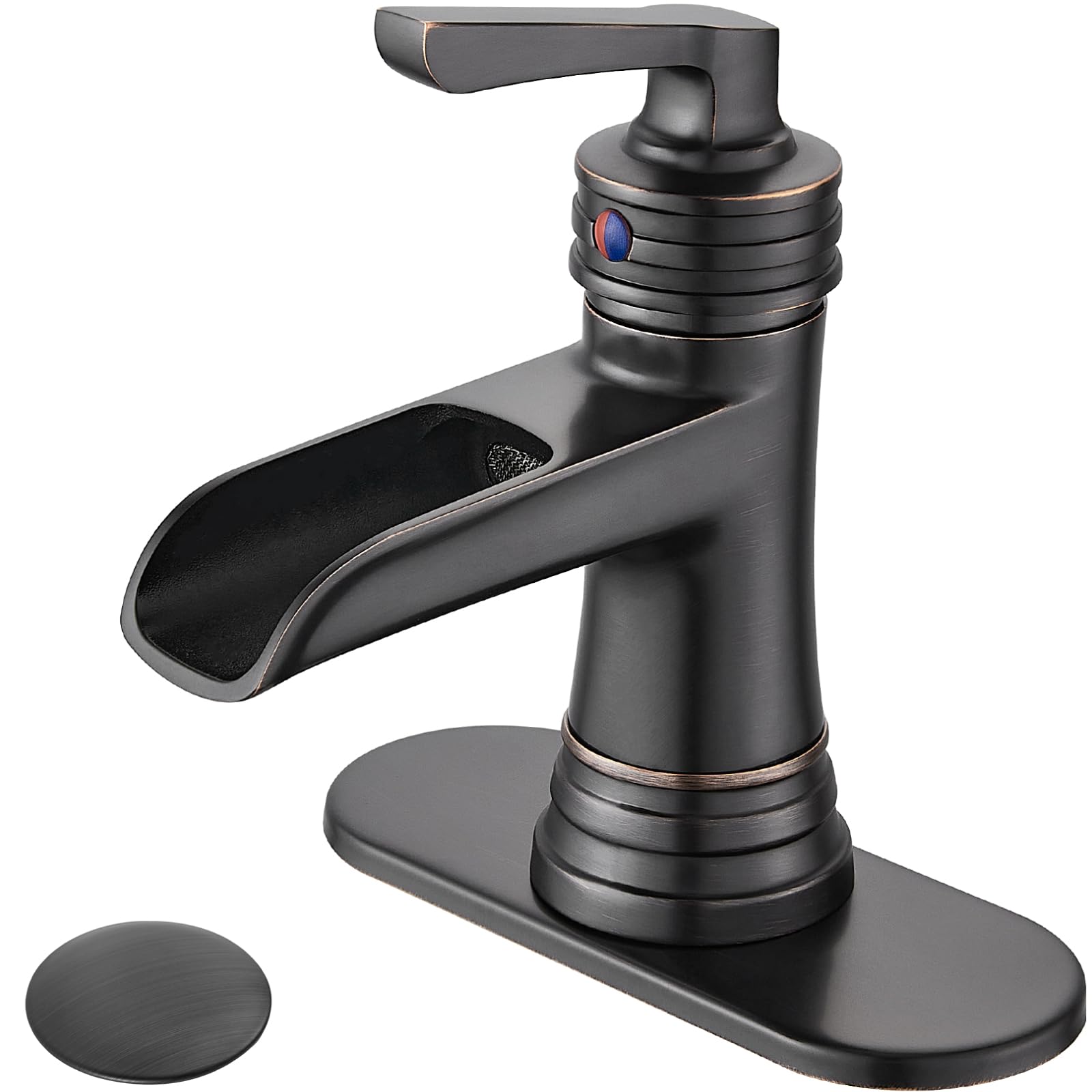 MidanyaWaterfall Faucet Single Handle Bathroom Sink Faucet,Oil Rubbed Bronze Large Spout Lavatory Faucet, Deck Mounted Single Hole or 3 Hole Bathroom Faucet with Pop Up Drain and Water Supply Lines