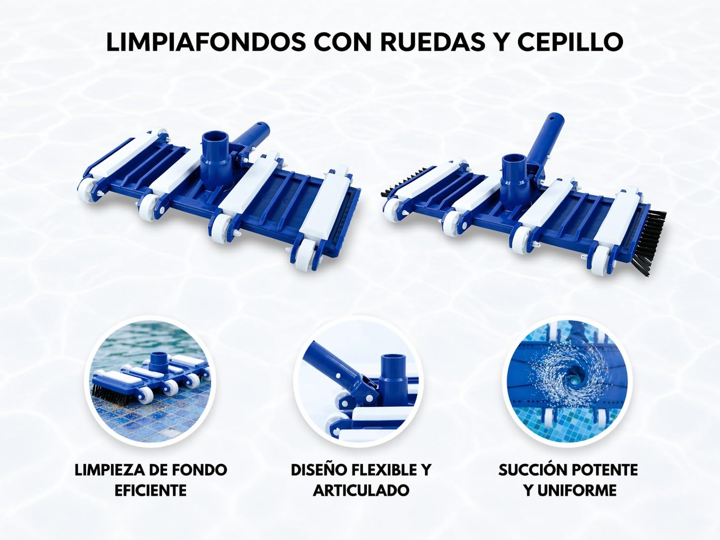 HERSIG - Cabezal Limpiafondos Flexible Manual para Piscina con Ruedas y Cepillos Laterales para Limpieza de Esquinas y Fondos Curvos con Conexión Universal