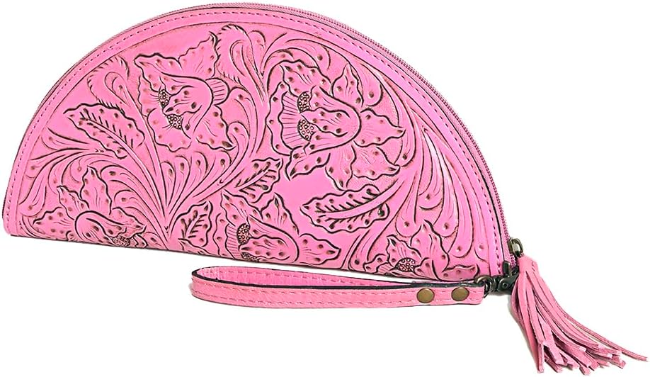American Darling Western Hand-Tooled Leather Taco Bag for Women – Genuine Floral Carved Wristlet with Fringe Details
