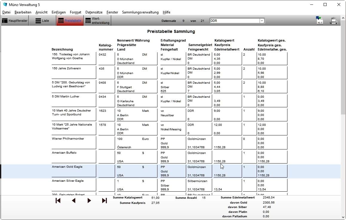 GS Münz-Verwaltung 5 - Software zur Verwaltung von Münzen - Datenbank Programm zur Münzverwaltung