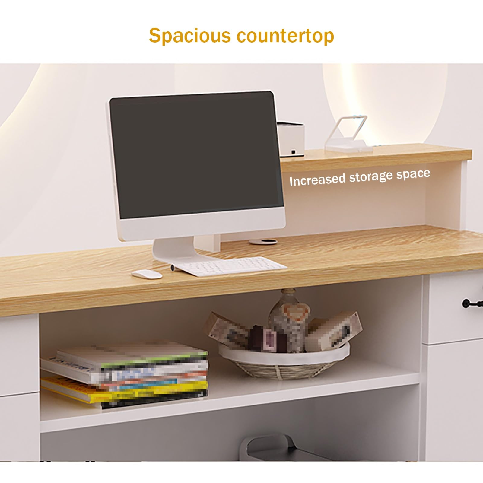 Générique Comptoir De Réception Moderne En Bois Avec éclairage LED Et Tiroirs Verrouillables – Blanc Cassé Et Blanc, 120 Cm