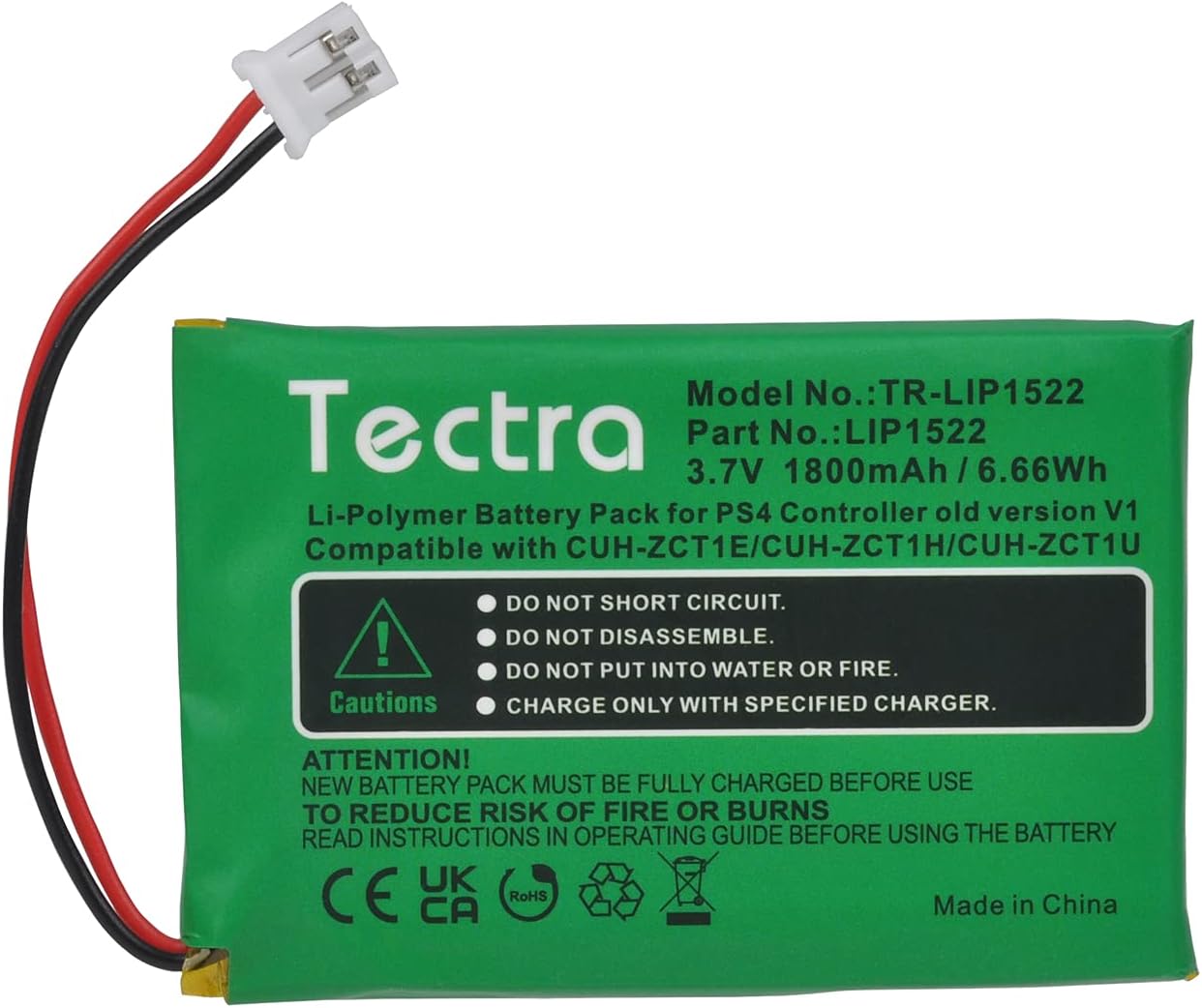 Tectra 2pcs 1800mAh LIP1522 Battery for Sony PlayStation 4 PS4 Dualshock 4 CUH-ZCT1E CUH-ZCT1H CUH-ZCT1U Wireless Controller(Big Plug), NOT Compatible with The 2016 (or Newer) CUH-ZCT2 or CUH-ZCT2U