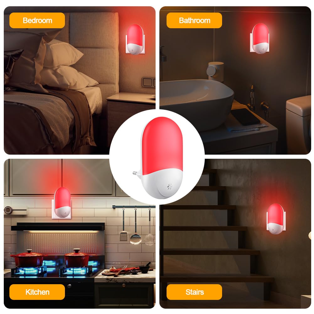 HOTUT 2-pak lampek nocnych z wtyczką i czujnikiem zmierzchu, czerwona lampka nocna LED dla dzieci, wtyczka do lampki nocnej dla dzieci, lampka nocna do pokoju dziecięcego, na schody, korytarze