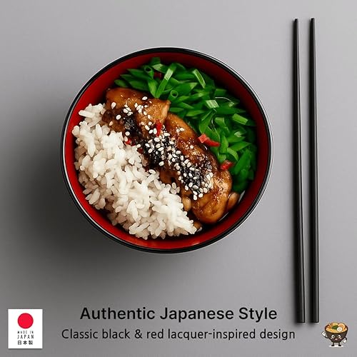 Miniatura 3 de JapanBargain, Tazón japonés grande para ramen, cuenco Pho, Udon, fideos y cereales de 38 onzas, plástico lacado negro y rojo, apto para microondas y