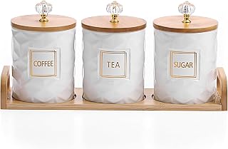 3-Piece Elegant Kitchen Canister, White Ceramic Storage Containers with Bamboo Lids, Crystal Knobs, for Coffee Tea Sugar, with Display Tray