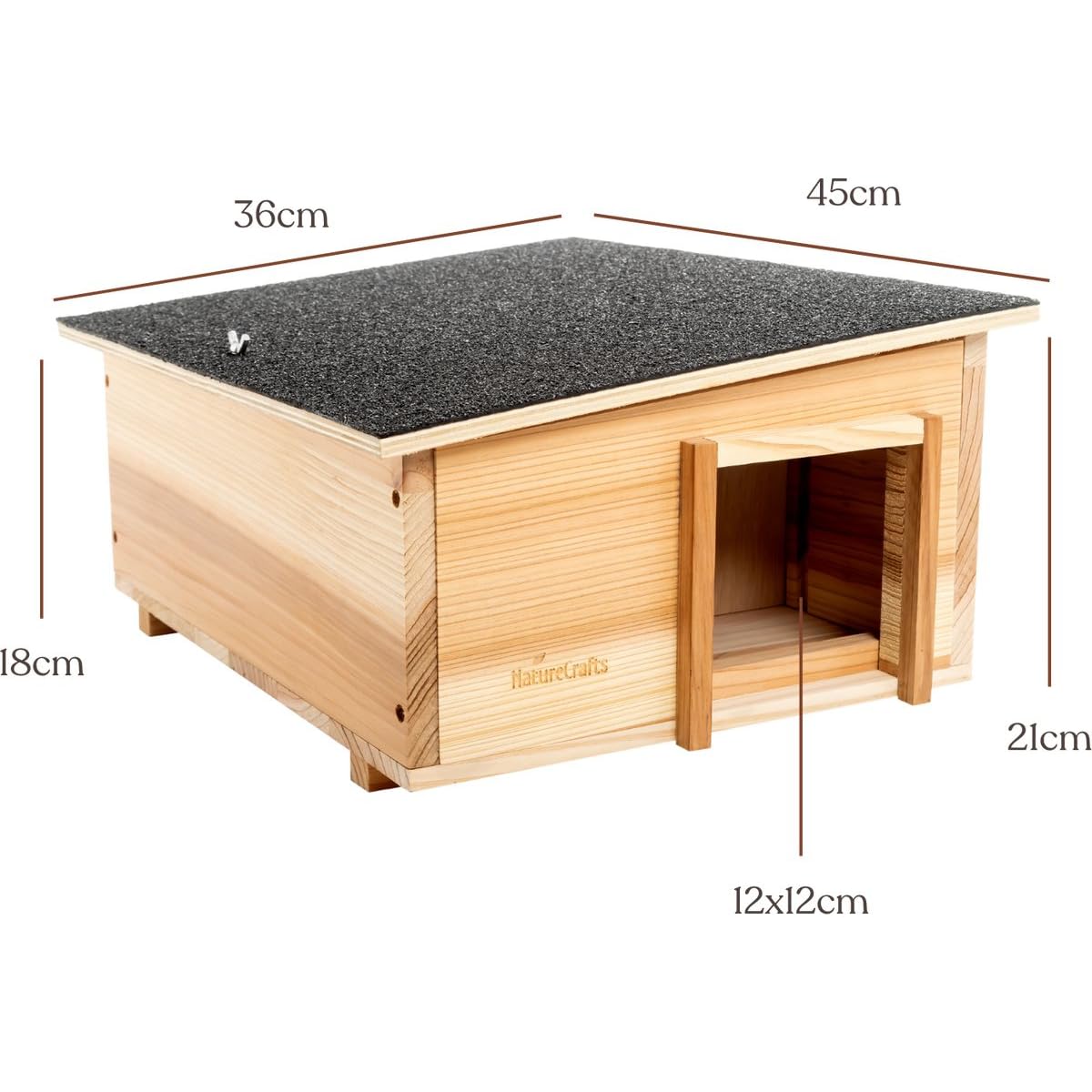 NatureCrafts, casetta per ricci di alta qualità, impermeabile, con fondo e pareti spesse 1,5 cm e doppia ventilazione, labirinto regolabile con tunnel walk-in legno, casa invernale da giardino, 45 x