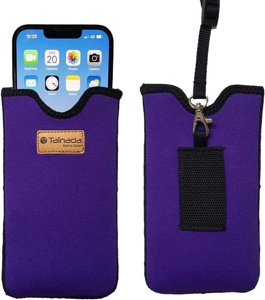 Tainada Men Women Neoprene Shockproof Cell Phone Sleeve Pouch Carrying Case with Neck Lanyard, Belt Loop Holster for iPhone 17/16 Pro Max, Air, 16 Plus, 16e, Samsung S25+, S24, A56, Z Fold7 (Purple)