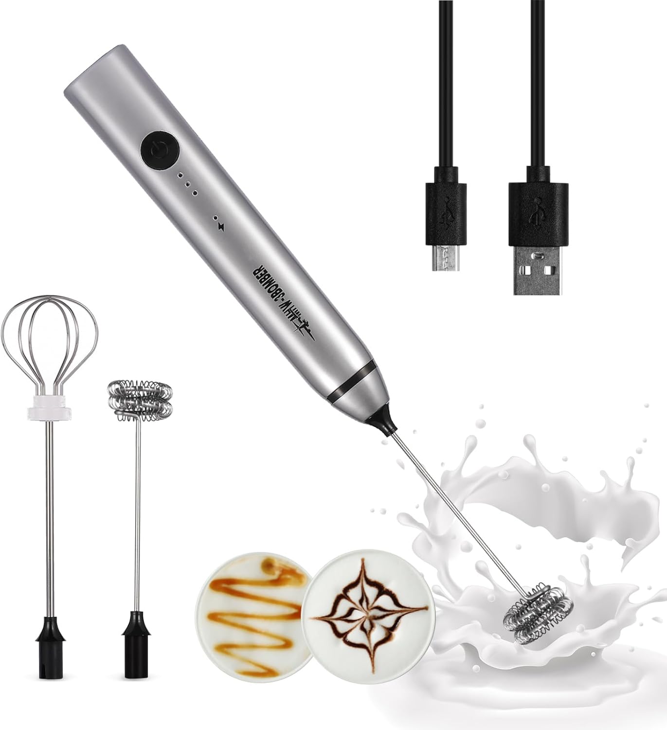 MHW-3BOMBER Rechargeable Milk Frother Coffee Frother Handheld Milk Hand Frother with 2 Stainless Steel Whisk 3 Speeds for Cappuccino,Latte, Frappe, Matcha, Hot Chocolate, Creamer& Egg (Silve
