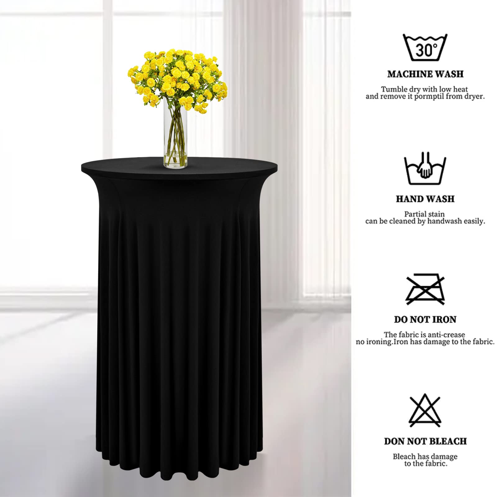 Paquete de 6 faldas redondas de mesa de cóctel de 32 x 43 pulgadas, mantel de cóctel elástico de elastano con cortinas onduladas, fundas de mesa de elastano negro ajustables para boda, bar,