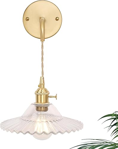 Apliques de pared vintage de 1 luz con patrón de sombra de loto transparente, cadena ajustable de cristal, luz dorada retro montada en la pared,
