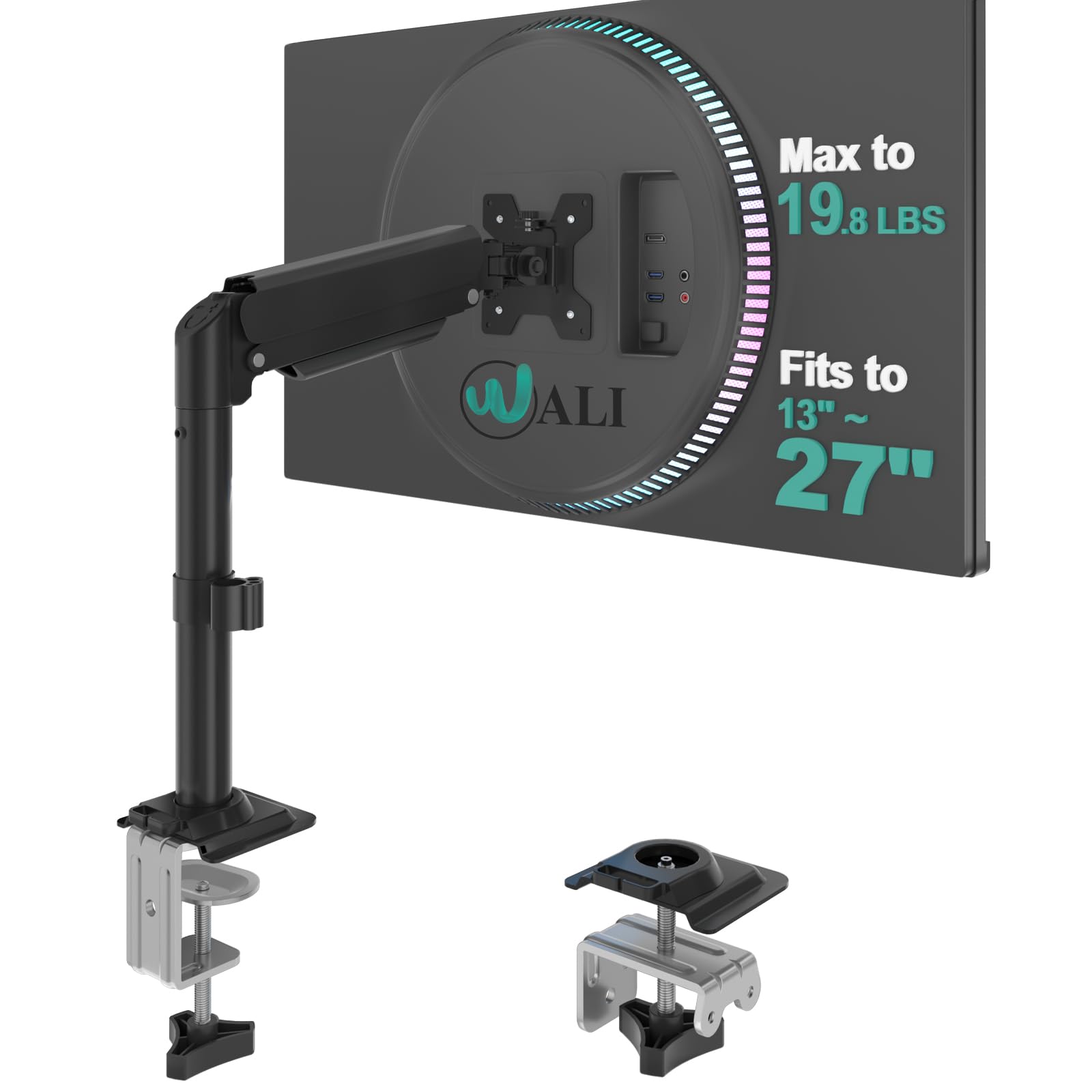 WALI Single Monitor Arm Mount for 13-27 inch Screens, Single Monitor Stand with Full Motion Tilt Swivel Rotation, Holds 19.8 lbs, VESA 75/100, C-Clamp &amp; Grommet Mount (GSDM001S)