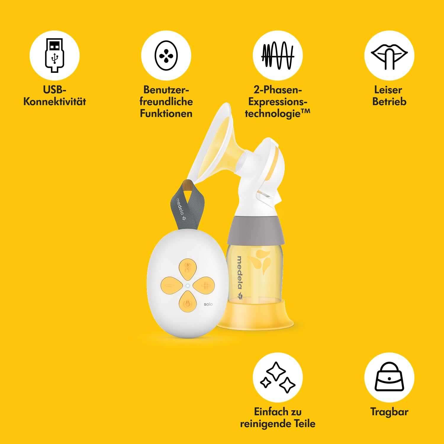 Medela Solo Elektrische Einseitige Milchpumpe – Leiser Betrieb – Aufladbar über USB – Mit PersonalFit Flex Brusthaube und Medela 2-Phase-Expression-Technologie