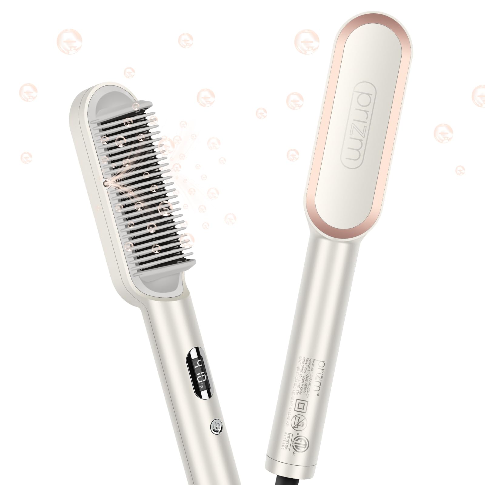 Prizm Hair Straightener Brush, 20s Fast Heating, Negative Ions Hair Straightening Comb with Less Frizz, 4 Temp Settings & LED Display, Anti-Scald Design for Home Salon, Dual Voltage, Champagne Silver