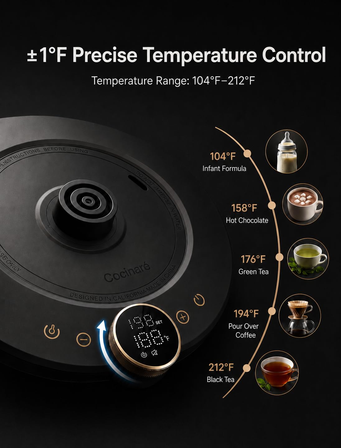 Cocinare Hervidor eléctrico de cuello de cisne, control preciso de temperatura, calentamiento rápido de 1500 W, hervidor de café y té con temporizador de preparación y mantiene el calor, acero
