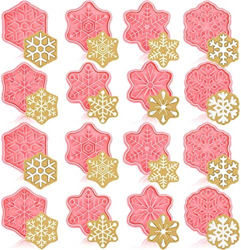 16 Pcs Winter Snowflake Cookie Cutters with Plunger Stamps Set 3D Snowflake Cookie Stamps Christmas Snowflake Cookie Cutter for Baking Snowflake Plunger Cake Cutter for Kitchen Baking (Snowflake)
