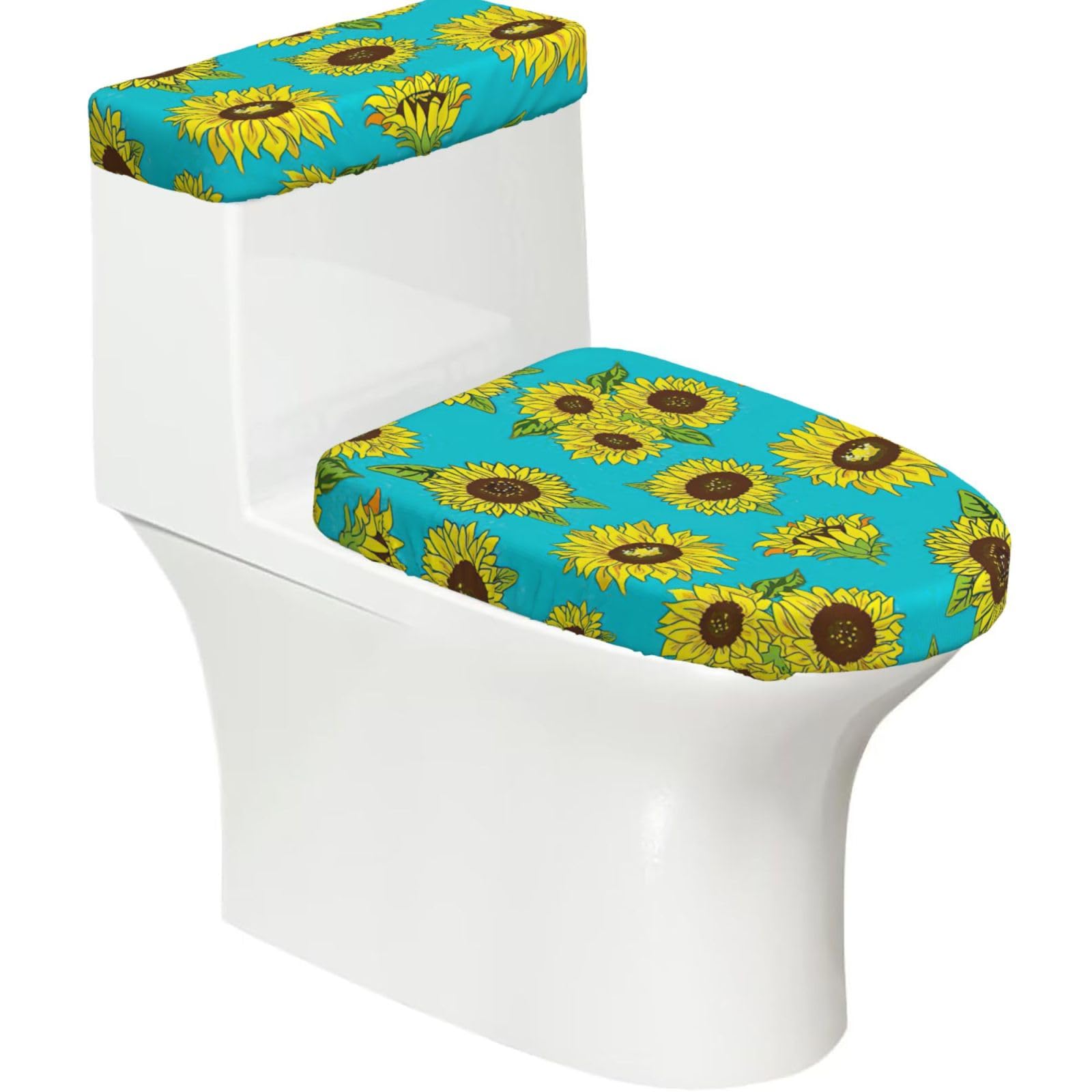 Sunflowers Pattern Print 2-Piece Stretch Toilet Cover Set, Elastic Breathable Toilet Seat and Tank Lid Protector