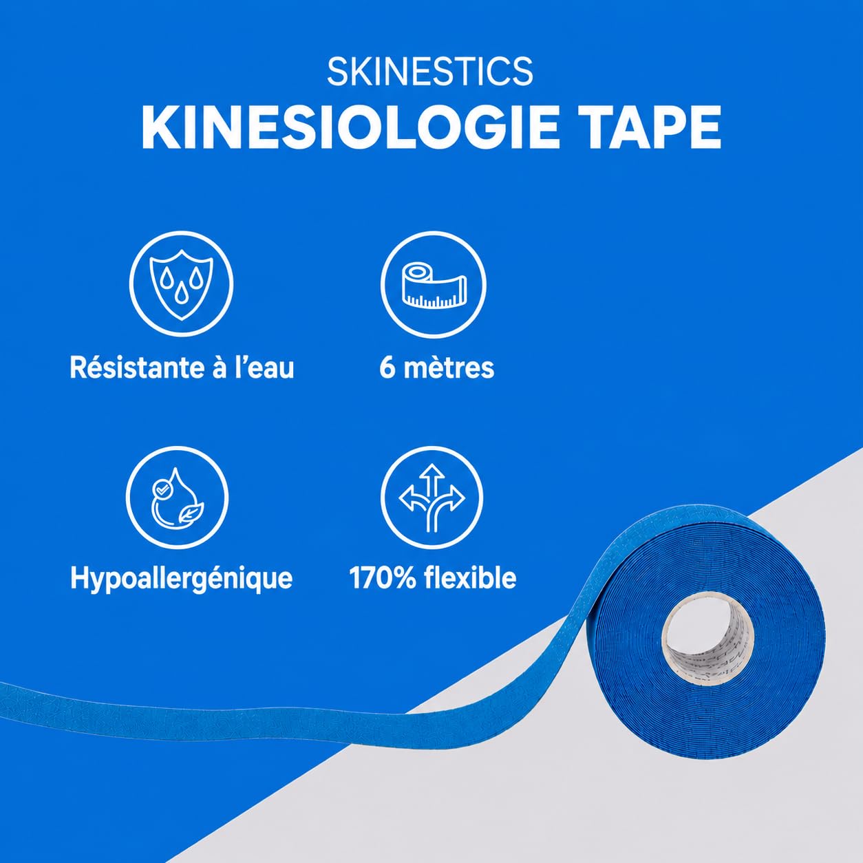 Skinestics | Bandes de Kinésiologie 4-Way Bleu | 3 Rouleaux | 600cm x 5cm | Genou, Cheville | K Tape, Strap Sport, Leukotape | Kinesio Tape & Bande Strapping Adhésif | Ruban Athlétique Élastique