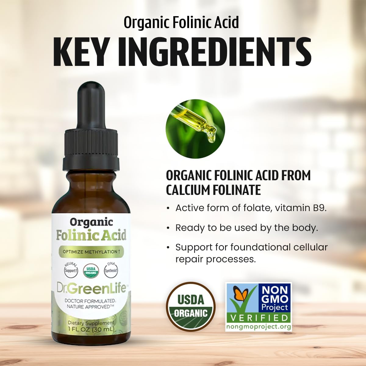 Dr. Green Life USDA Organic Folinic Acid Drops - 500 mcg per Drop | Methylation Support B9 Supplements for Kids & Adults | Supports Neurological Function, Nervous System Health & DNA Synthesis