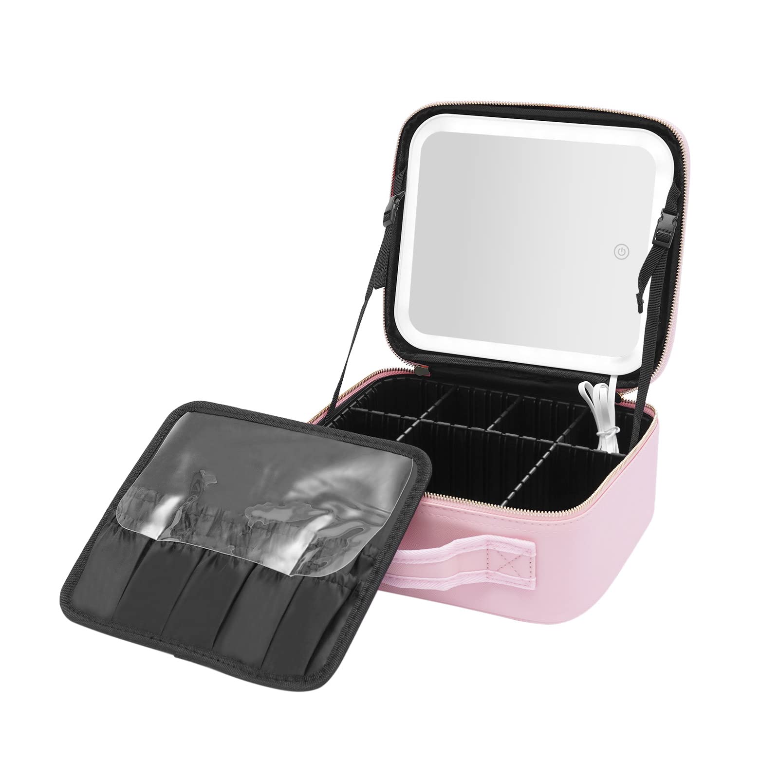 Trousse de maquillage avec miroir LED, grande capacité, trousse de rangement pour outils, pinceaux de maquillage, boîte de rangement portable, rose, Rose, m, Style moderne
