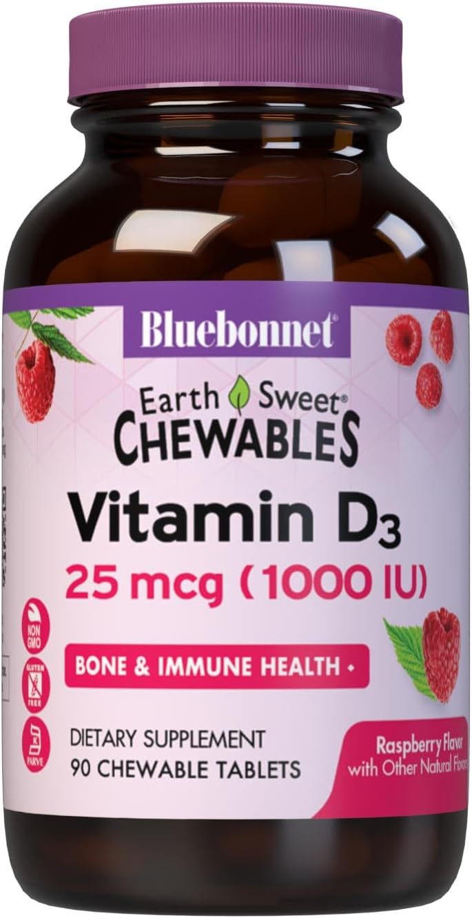 Nutrition EarthSweet Vitamin D3 1000IU - Bone & Immune Support Supplement - Raspberry Chewable Vitamin D Supplement for Women & Men - Soy-Free, Gluten-Free, Non-GMO - 90 Tablets