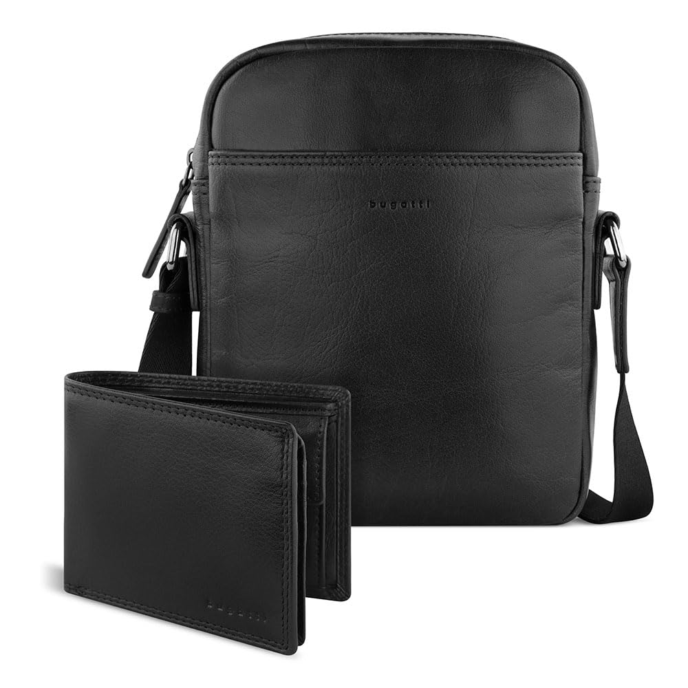 bugatti Savona Set Schultertasche & Geldbörse aus Büffelleder, Geldbeutel RFID-Schutz, Umhängetasche & Portemonnaie mit Stoffbeutel