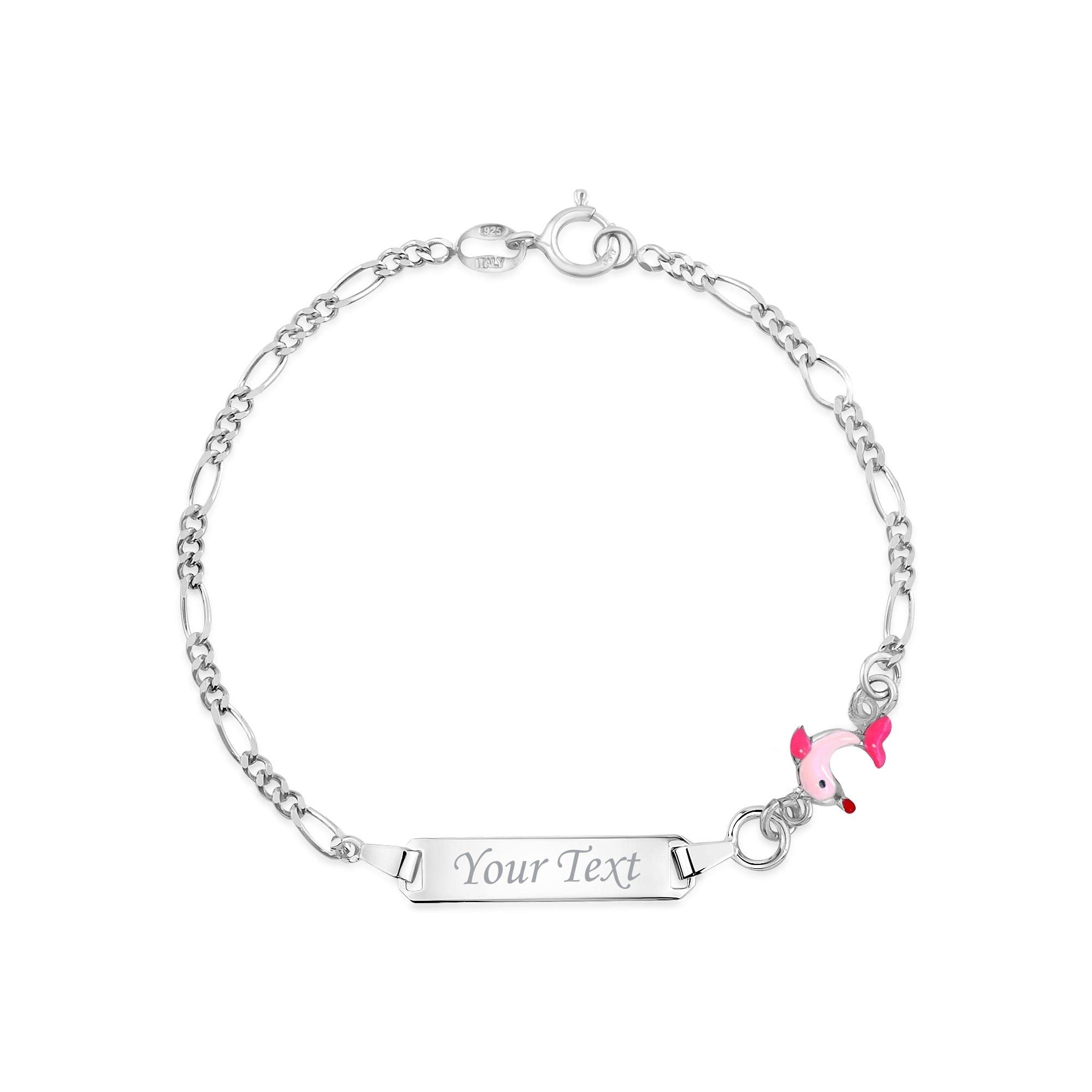 UNICORNJ 925 Italy Sterling Silver Child or Baby Name Bracelet Girls Boys, Personalized Engraved Kids ID Bracelets, 6.5" Figaro Chain, Enamel Charm Newborn Infant Toddler Kid Jewelry