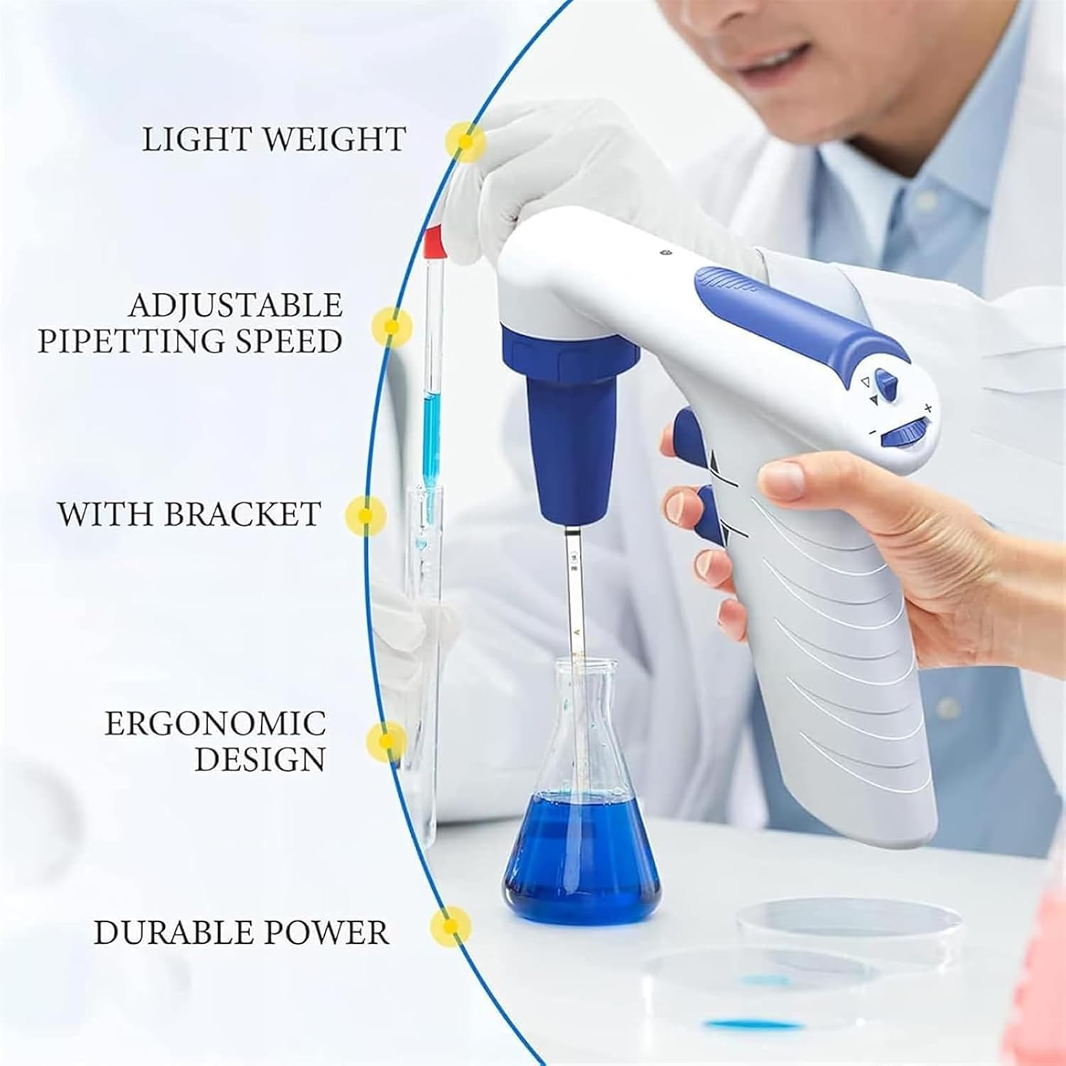 Electric Pipette Controller, 0.1-200ML Electric Pipettor with 0.45um Hydrophobic Membrane, Speed Adjustable and Transfer 50ml of Liquid Within 10 Seconds, for Scientific Research