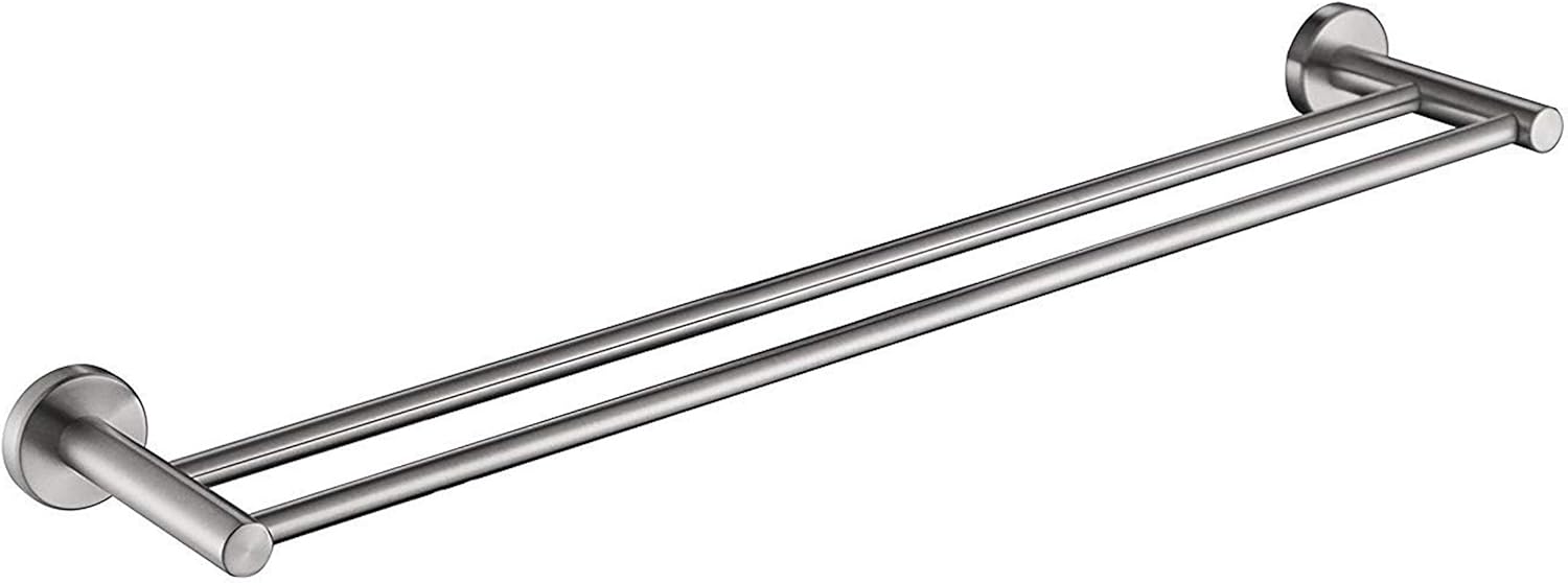 Premium Modern Double Towel Rack w/Round Base (24 Inches)- Brushed Finish, Made from Stainless Steel, Water and Rust Proof, Wall Mounted, Easy to Install