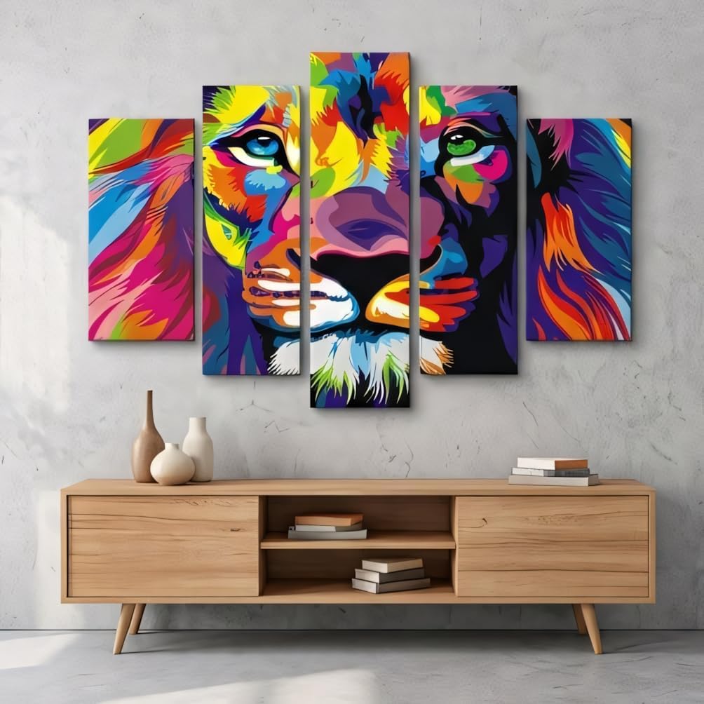 NAN Wind 5Pcs Vibrant Rainbow Lion Pop Art Canvas Wall Art Print Neon Colorful Face Modern Psychedelic Animal Portrait Pictures for Living Room Bedroom Office Decor Wildlife Artwork Ready to Hang(10X16inchX2pcs,8X20inchX2pcs,8X24inchX1pcs, Lion)