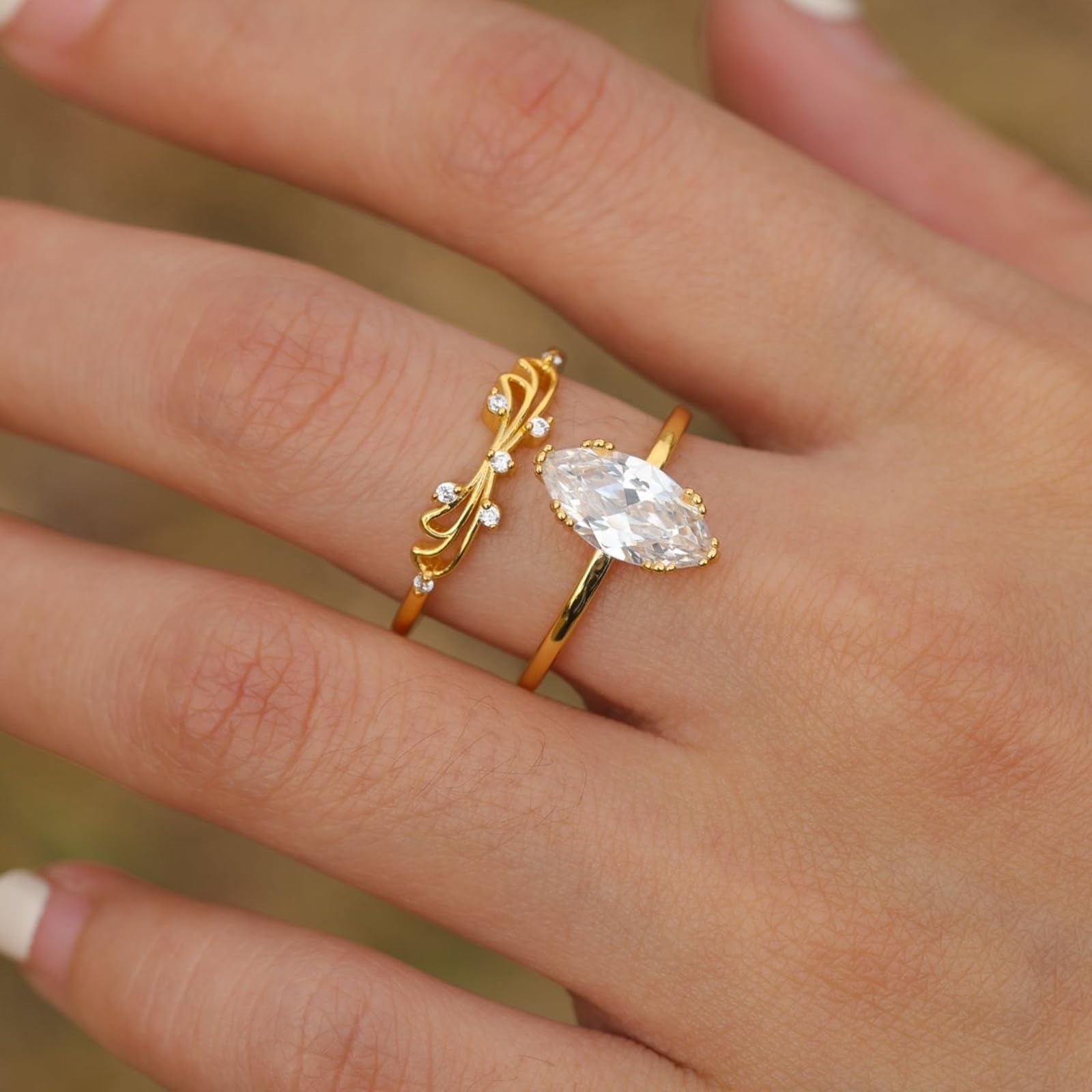 Anillo de mujer de oro, anillo de compromiso de oro blanco, juego de 2 unidades, con moissanite de 2 quilates, apilable, oro real