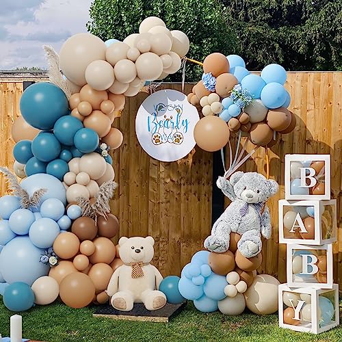 image for RUBFAC Blue Brown Balloon Garland Arch Kit, 142pcs Dusty Blue White Sa