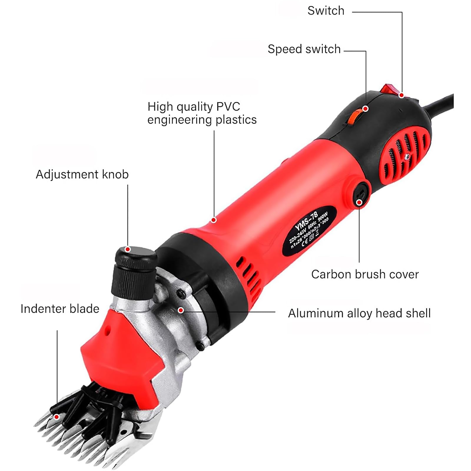 Cesoia elettrica per Pecore, tosatrici per Pecore con Cavo da 900 W con Lama a 13 Denti Dritti, Regolabile a 6 velocità, per la rasatura della Lana di Pelliccia nelle (Yellow)
