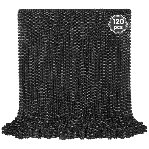 YAXINRUI 120 PCS Black Bead Necklaces Black Mardi Gras Beads Halloween Beads Necklaces New Year Eve Necklace 33 Inch Black Beaded Necklace for Mardi Gras Christmas Halloween Festive Events