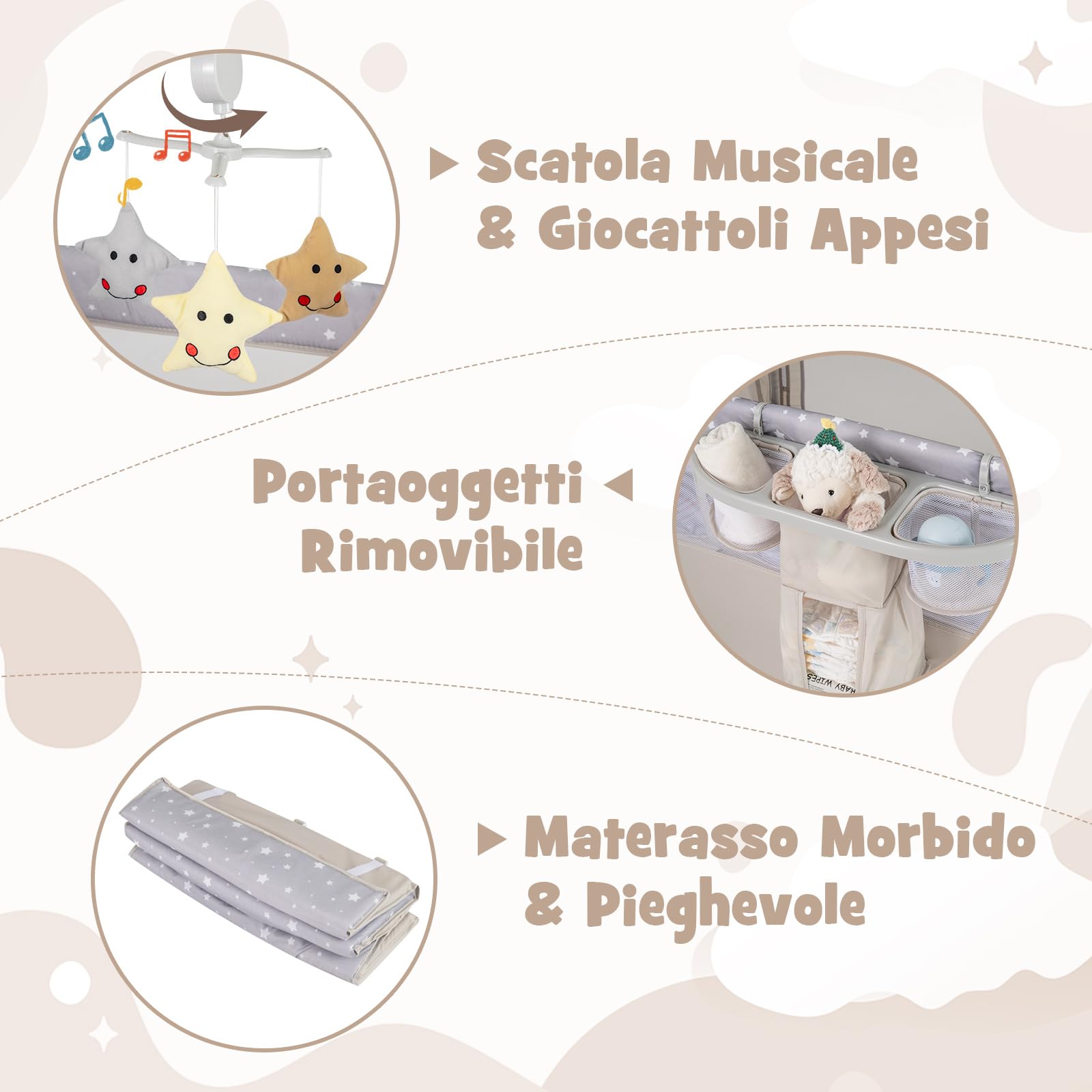 COSTWAY 5 in 1 Lettino per Bambini con Materasso, Lettino Culla da Viaggio per Neonati, Culla Neonato con Fasciatoio, Box Portatile Pieghevole, con Ruote e Borsa, 125 x 65 x 119 cm (Beige)