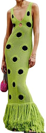 Qikaka Womens Sleeveless V Neck Knitted Colorblock Bodycon Tassel Sexy Nightclub Party Sweater Dress