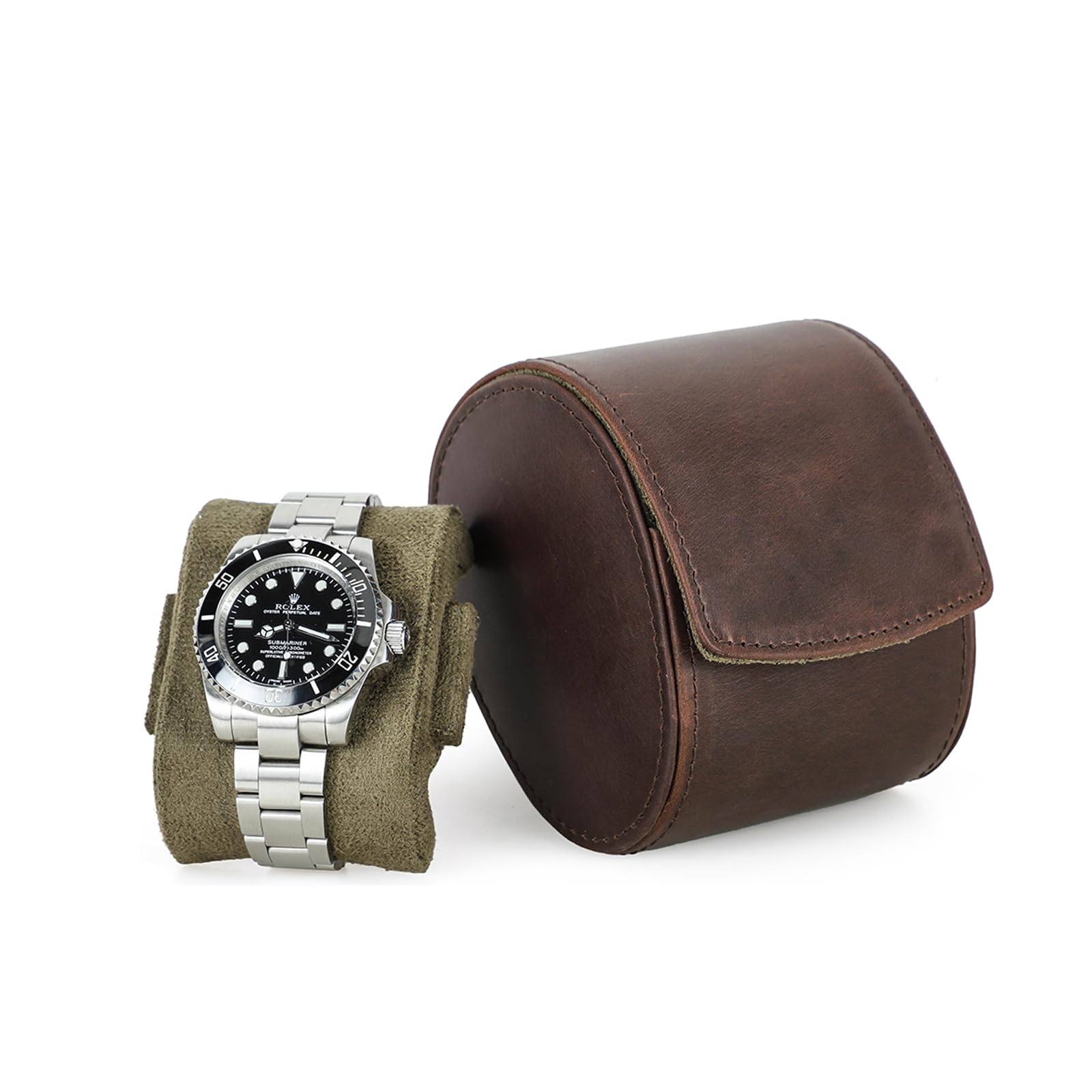 HVMBEUGOS Hiram Watch Travel Case, Genuine Leather Watch Storage Box for 1 Watch With Removable Cushion Portable Watch Protective Organizer