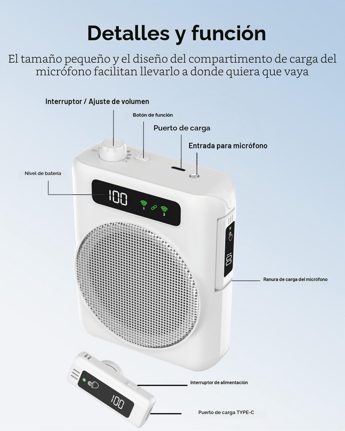 Amplificador de voz con micrófono inalámbrico de solapa, Mini Altavoz Portátil con 2 micrófonos inalámbricos, compartimento para micrófono recargable, para profesores, tour guías, entrenadores (White)