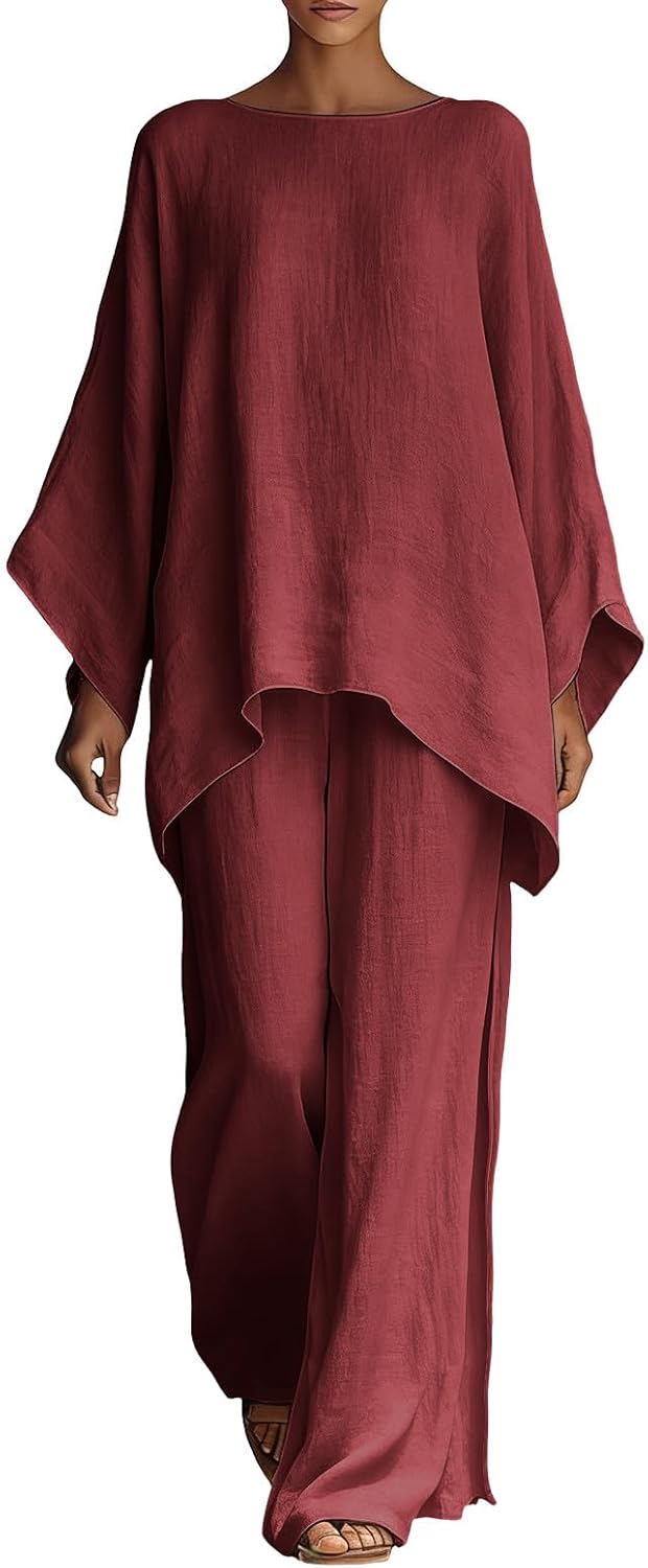 Women's 2 Piece Outfits Cotton Linen Sets High Low Irregular Hem Long Sleeve Tops Wide Leg Pants Vacation Outfit