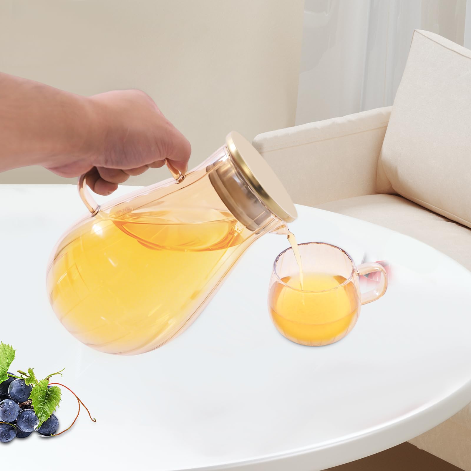 Jarra de cristal con tapa y caño para agua fría y caliente, juego de botellas de agua fría con 4 tazas y 1 estante para decoración de salón, latas de té helado/leche/café