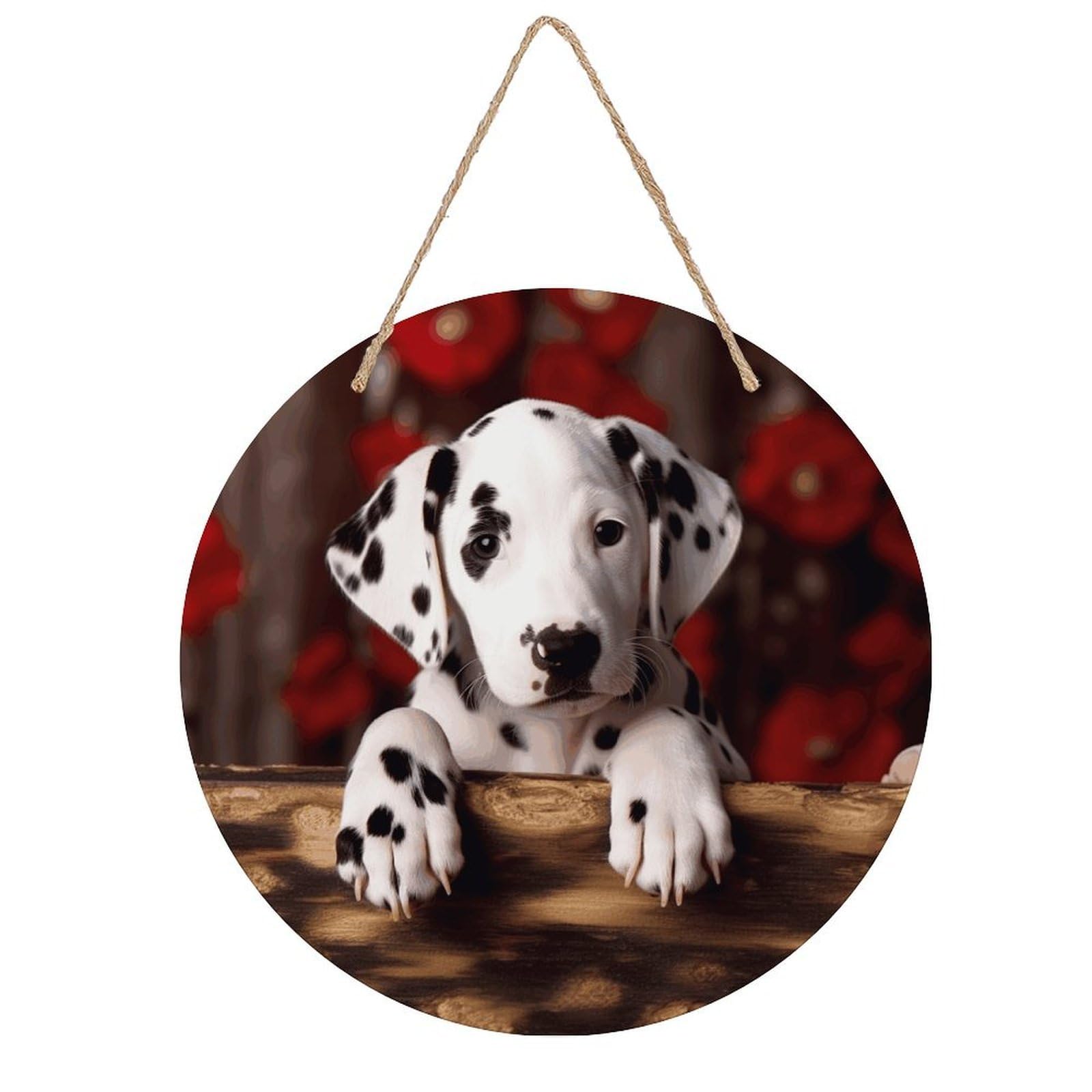 VstaDank Dalmatian Puppy Wall Art Decor with Ropes Wooden Hanging Sign Hanging Wall Decor Artwork Round Wood Painting Modern Wall Prints Decor Picture for Office Bar Home Decors