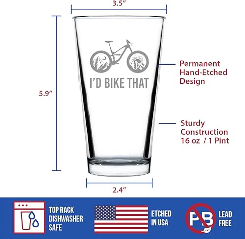 Miniatura 6 de I'd Bike That - Pint Glass for Beer - Cool Bicycle Themed Decor and Gifts for Mountain Bikers - 16 oz Glasses